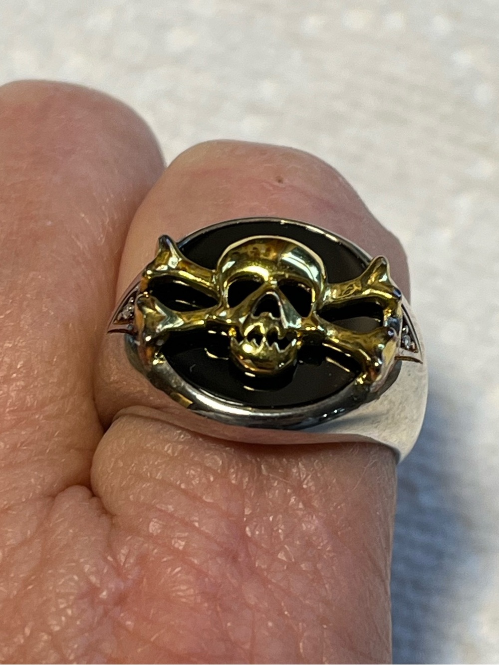 Gold Skull & Crossbones Onyx Signet Ring - Black and Gold